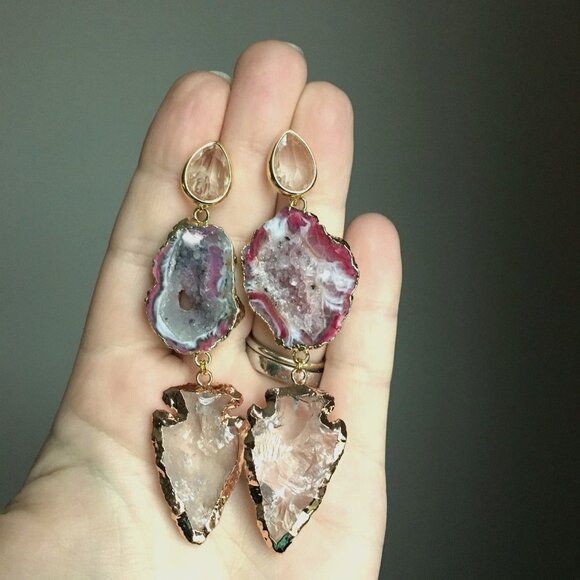 Gold Plated Pink Druzy Agate Crystal Rose Gold Geode Drops Earrings - Picture 1 of 1